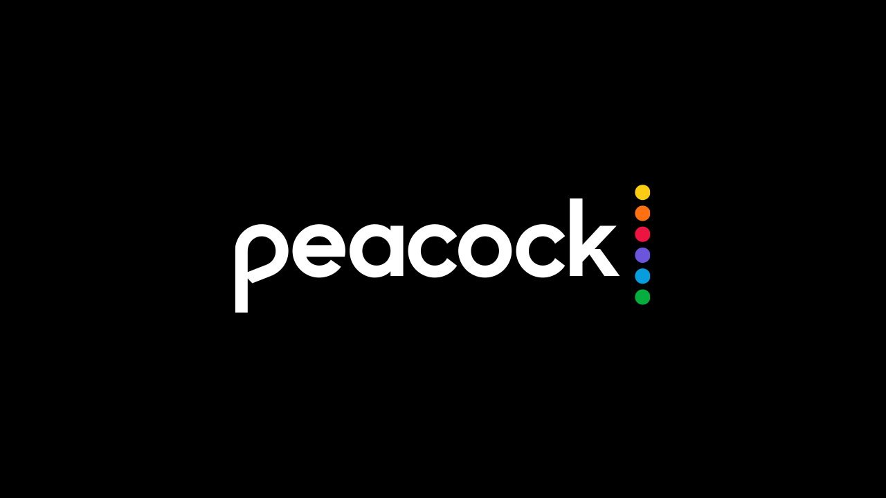 Peacock streaming logo on black background.