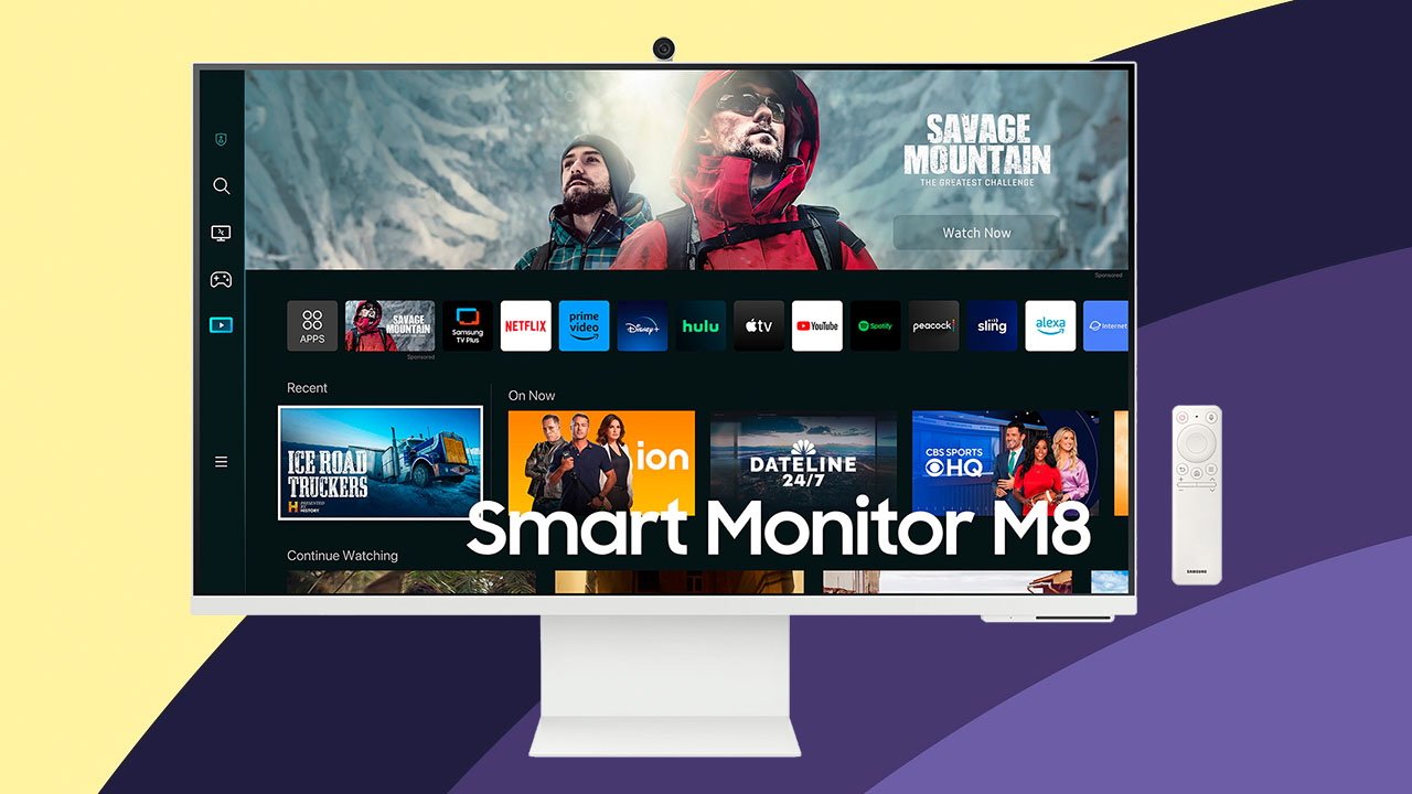 Samsung M8 monitor displaying streaming service apps and a video of two mountaineers, alongside a remote control. Text reads 'Smart Monitor M8'.