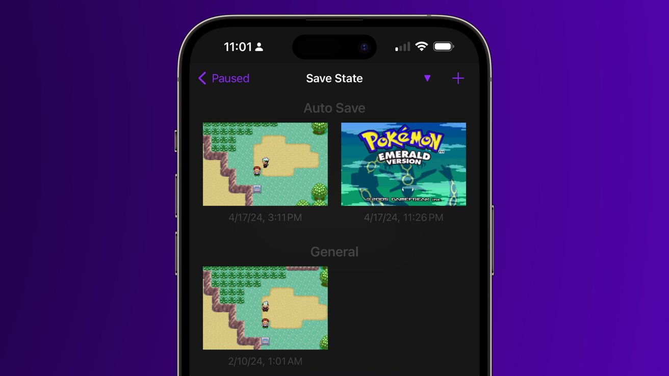 The Save State selection screen in Delta with three options for 'Pokemon Emerald'