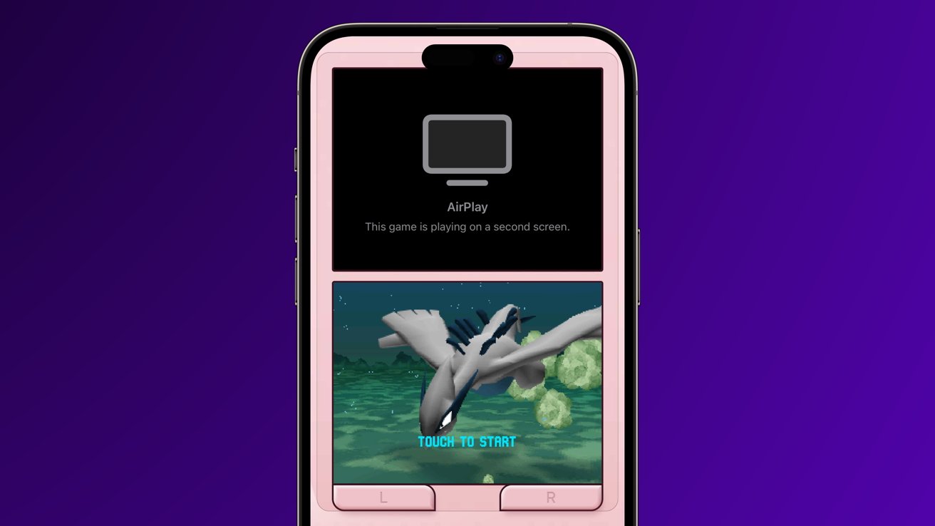 A pink Nintendo DS layout with an AirPlay symbol on top and a Pokemon on the bottom