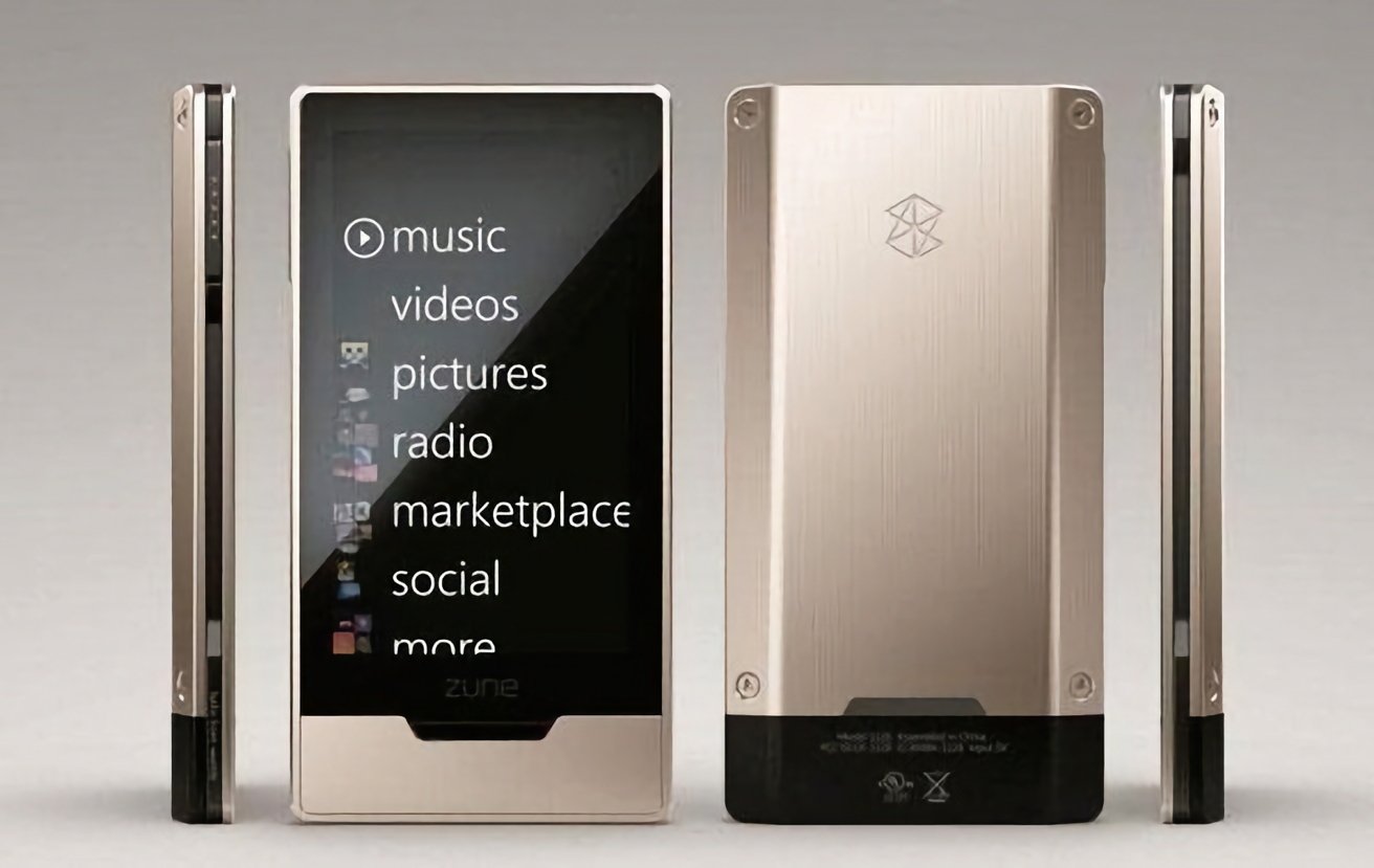 Front and back views of a Zune media player with menu options for music, videos, pictures, radio, marketplace, social, and more. Sides showing device thickness.