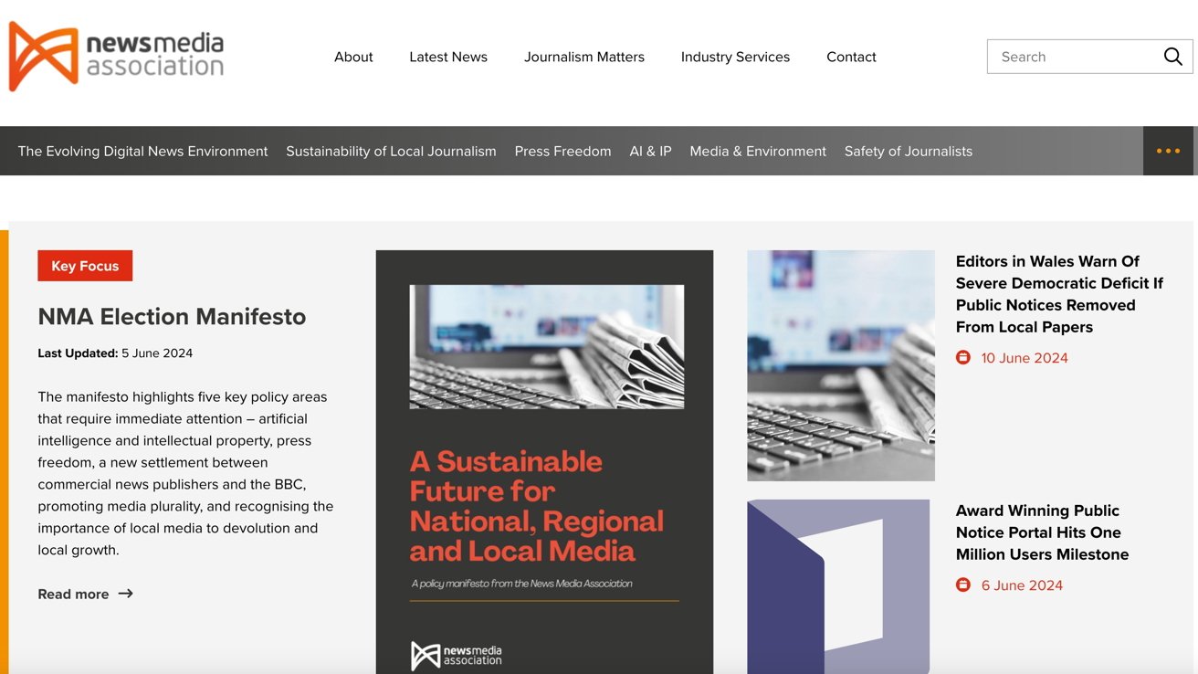 NewsMedia Association webpage featuring articles on NMA Election Manifesto, public notice reforms, and a milestone for an award-winning public notice portal. Menu includes sections on news, journalism, and services.