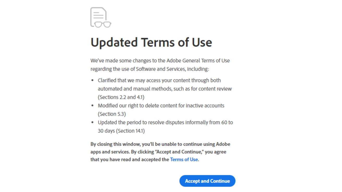 Adobe Updated Terms of Use notification with key changes outlined and a blue button labeled 