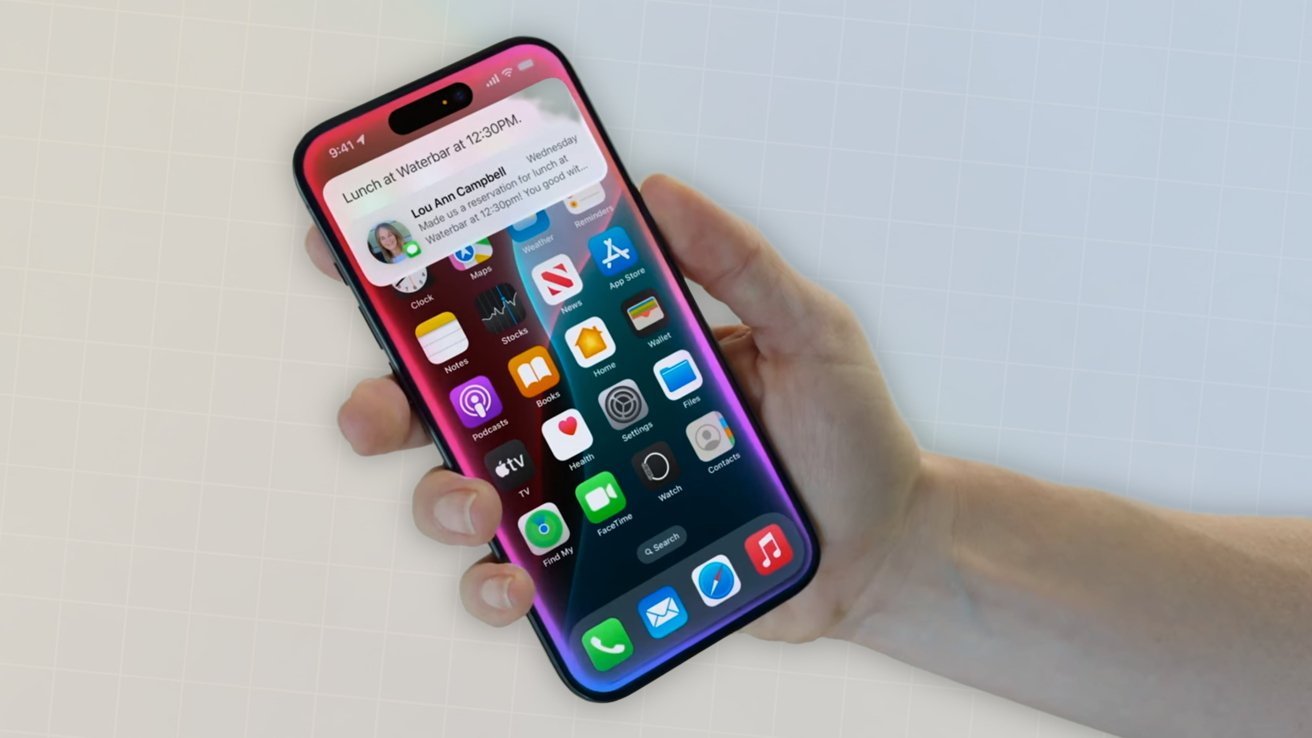 A hand holds a smartphone displaying various app icons and a notification about a lunch reservation at Waterbar at 12:30 p.m.