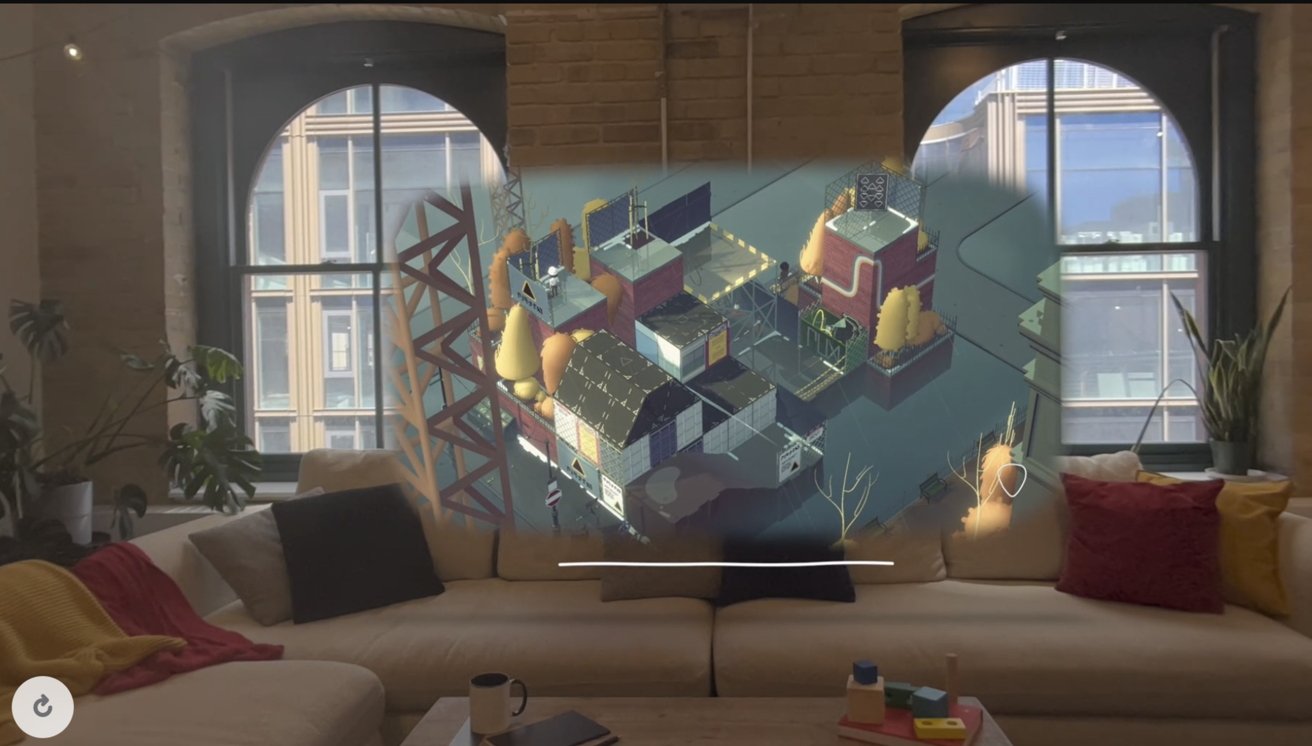 A living room with a white sectional sofa, large arched windows, and a hologram of a futuristic cityscape projected in the middle.