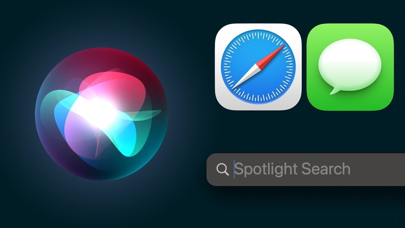 Colorful Siri icon, Safari and Messages app icons, and Spotlight Search bar on a dark background.