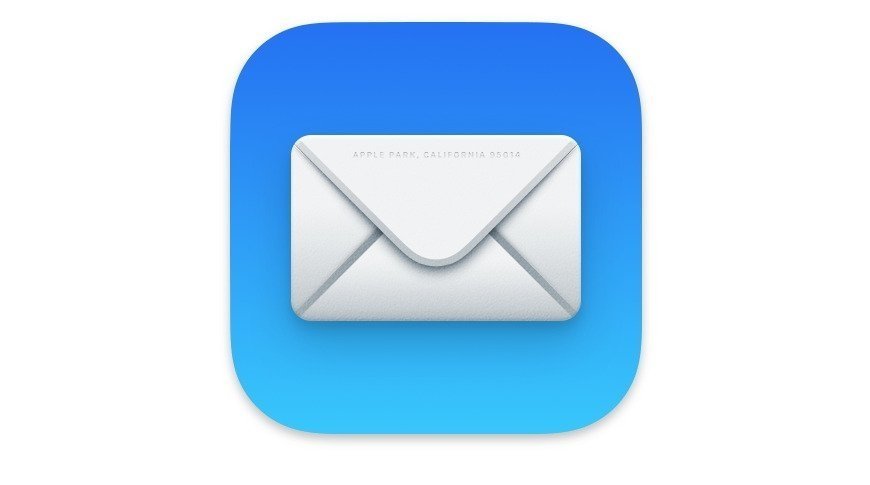 White envelope icon on a blue gradient background, featuring 'Apple Park, California 95014' text on the envelope flap.