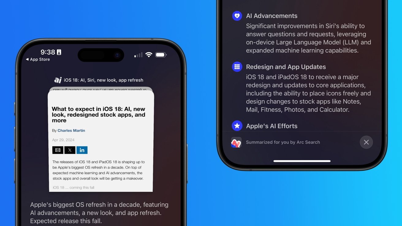 Two smartphones showing an article about iOS 18 updates, including AI advancements, new look, redesigned stock apps, and more major redesigns for Notes, Mail, Fitness, Photos, and Calculator.