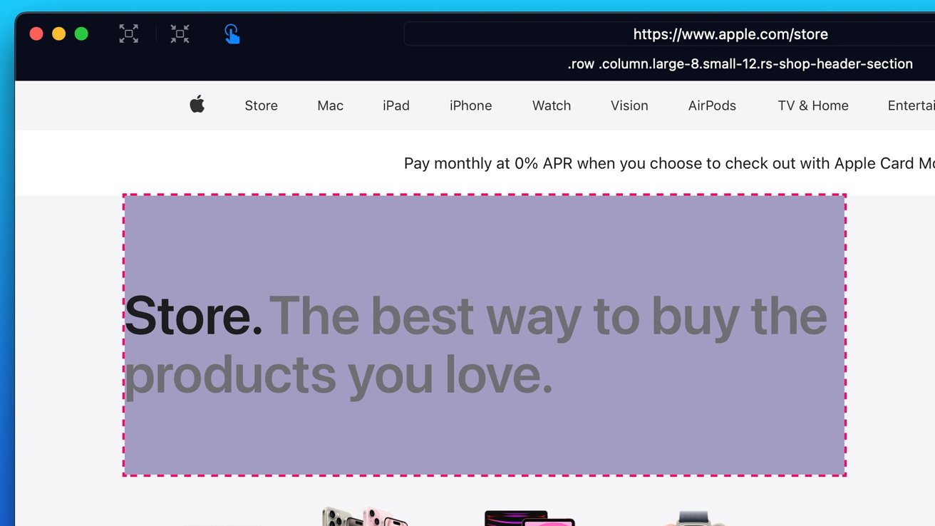 Apple website with navigation links for Store, Mac, iPad, iPhone, Watch, Vision, AirPods. Promotional slogan: 'The best way to buy the products you love.'
