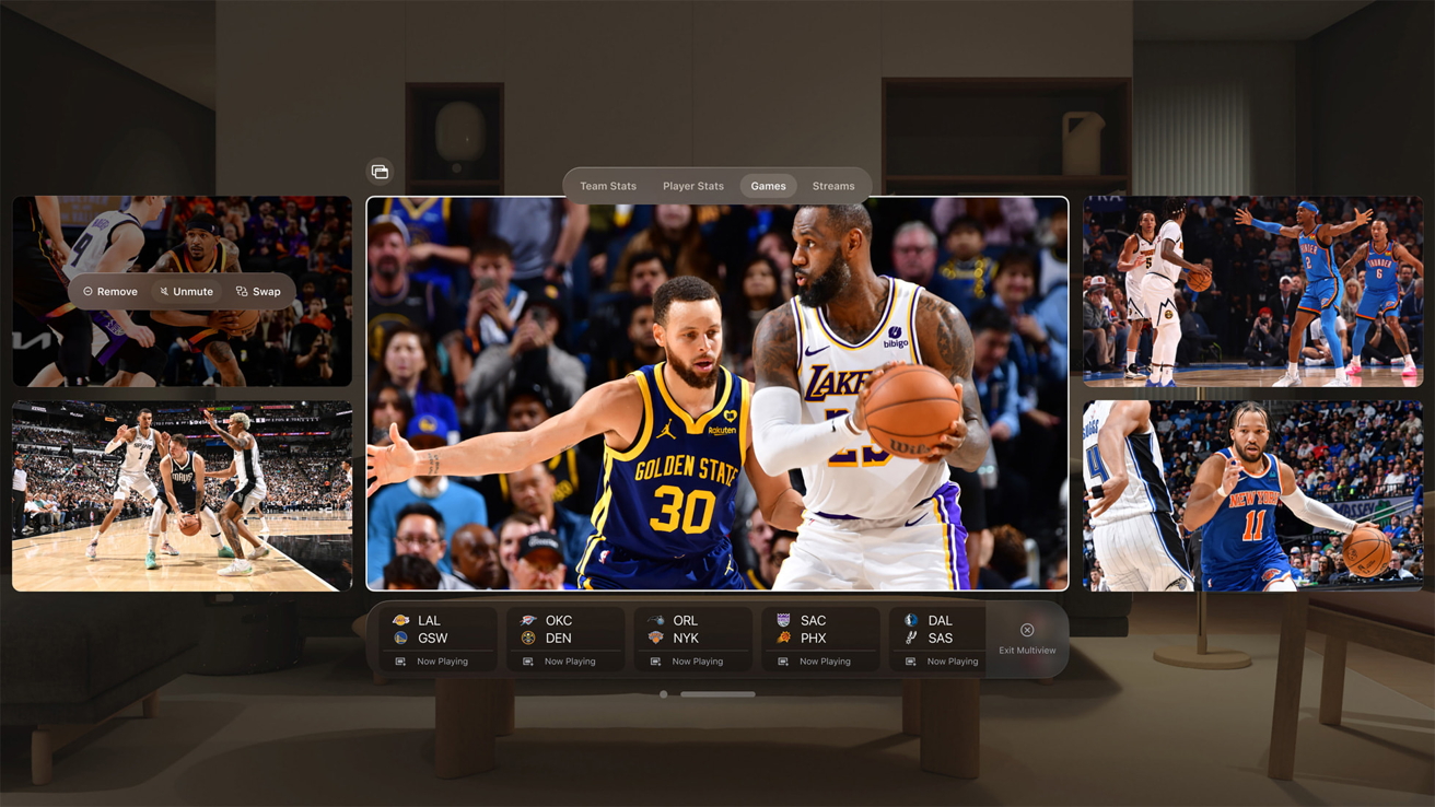 Multiple basketball games displayed on a screen in a living room, featuring players from different teams in action.