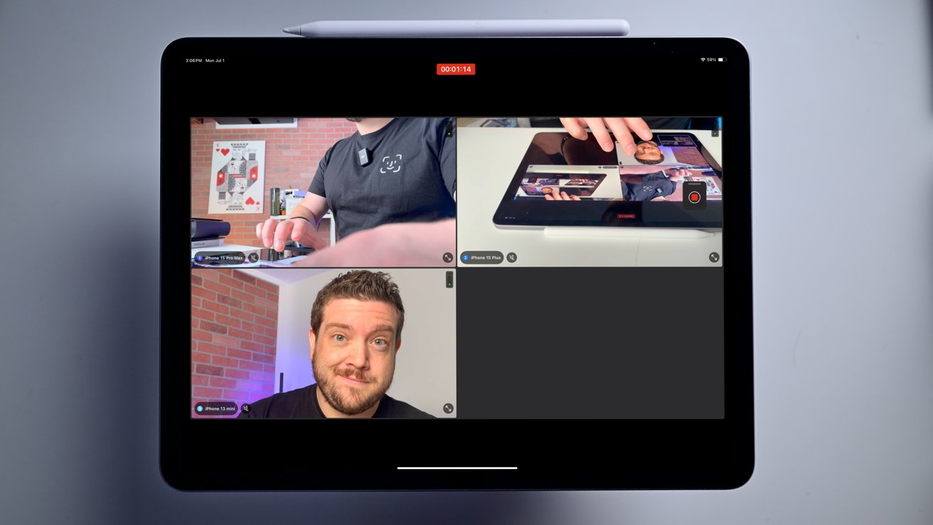 iPad Pro with Final Cut Pro for iPad opened with the screen split into quadrants for each of the four camera angles