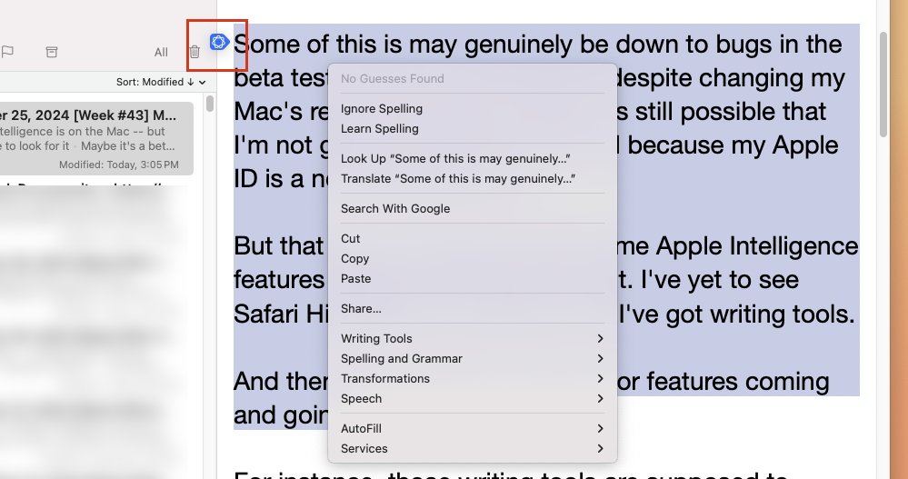 Context menu with spelling options displayed over highlighted text in a digital document, alongside a sidebar with a list of notes.