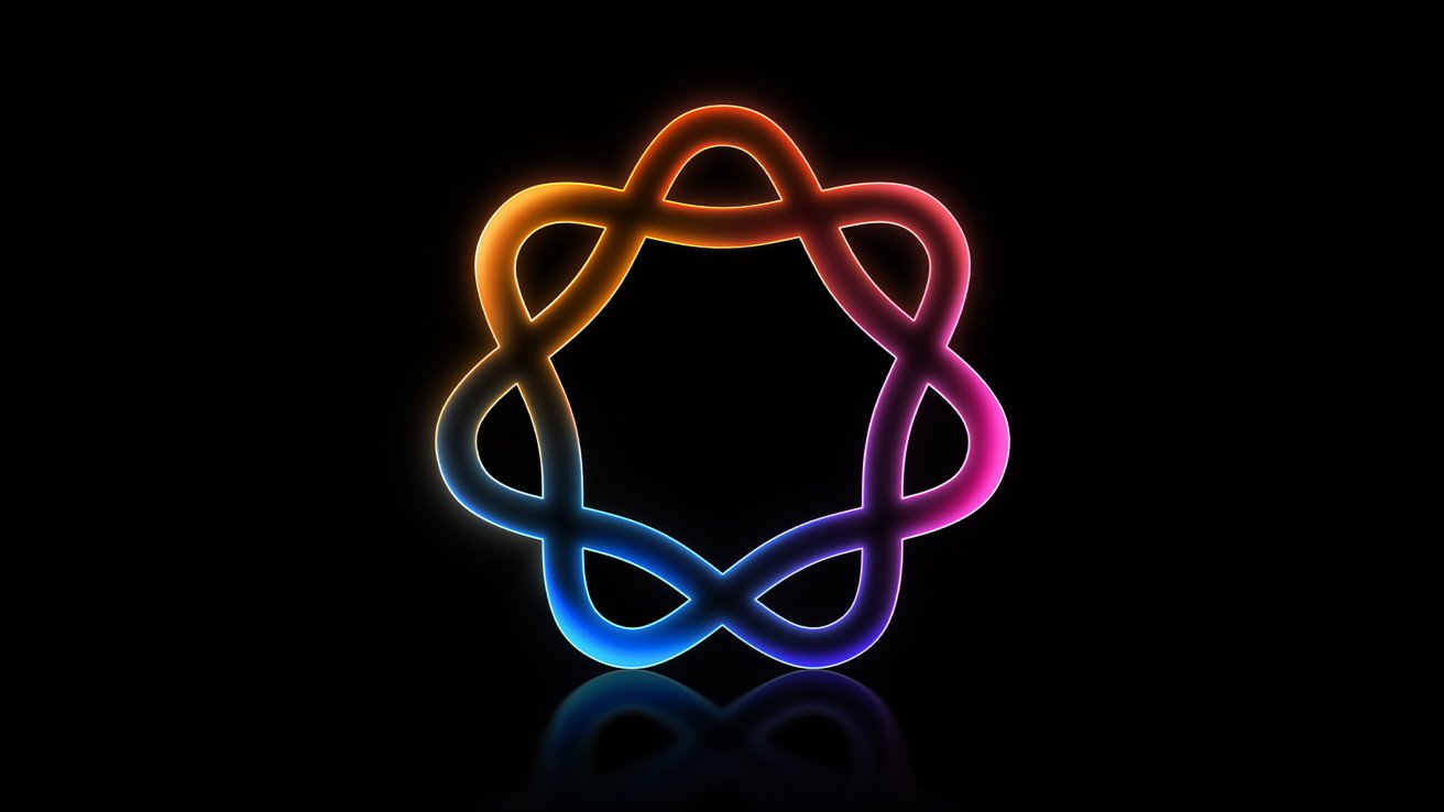 Colorful abstract neon light pattern resembling a stylized atom with intertwined loops on a black background.