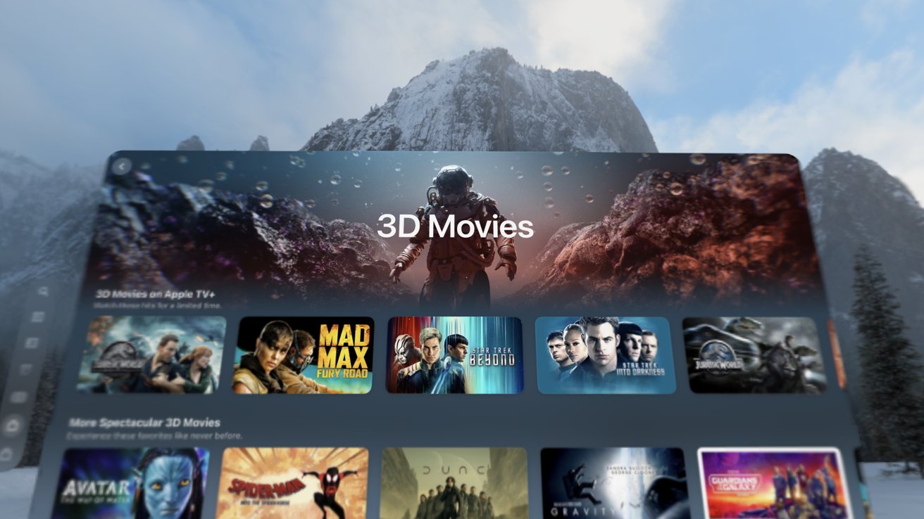 Screen display with movie thumbnails underneath a banner titled '3D Movies.' Snowy mountain landscape is visible in the background.