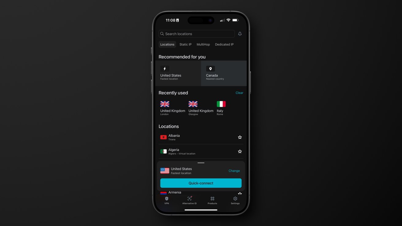 Smartphone displaying a VPN app with location options including United States, Canada, United Kingdom, Italy. Quick-connect button at the bottom. Dark mode interface.