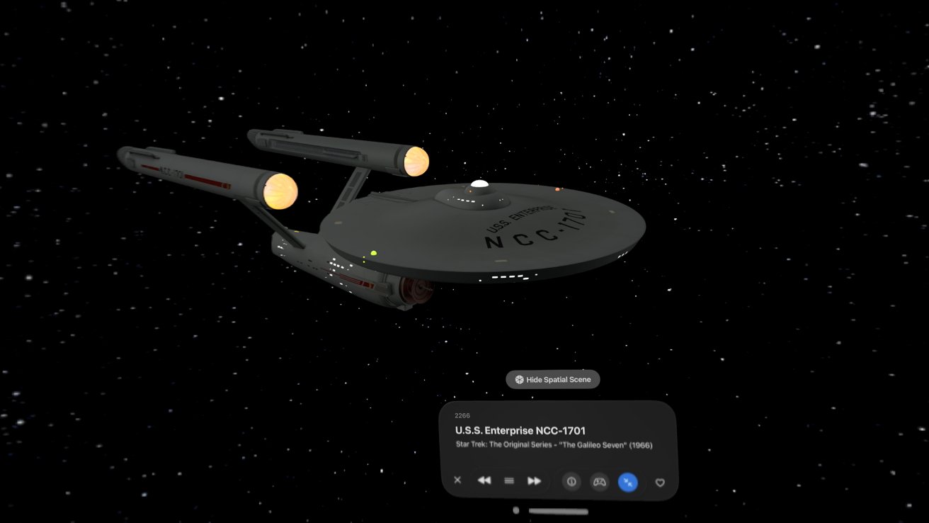 A spaceship with two glowing engines and a saucer-shaped body labeled 'NCC-1701' flies through a starry space background.