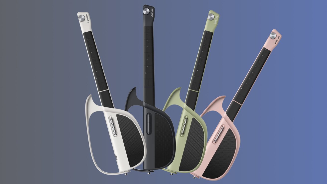 Four futuristic guitars in white, black, green, and pink are arranged diagonally against a gradient blue background, showcasing sleek and modern designs.