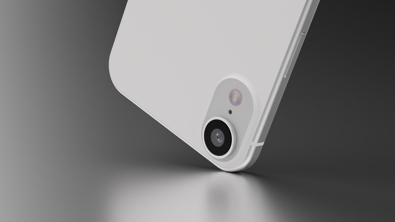 White smartphone with a dual-lens camera in a sleek, minimalistic design against a dark gradient background.