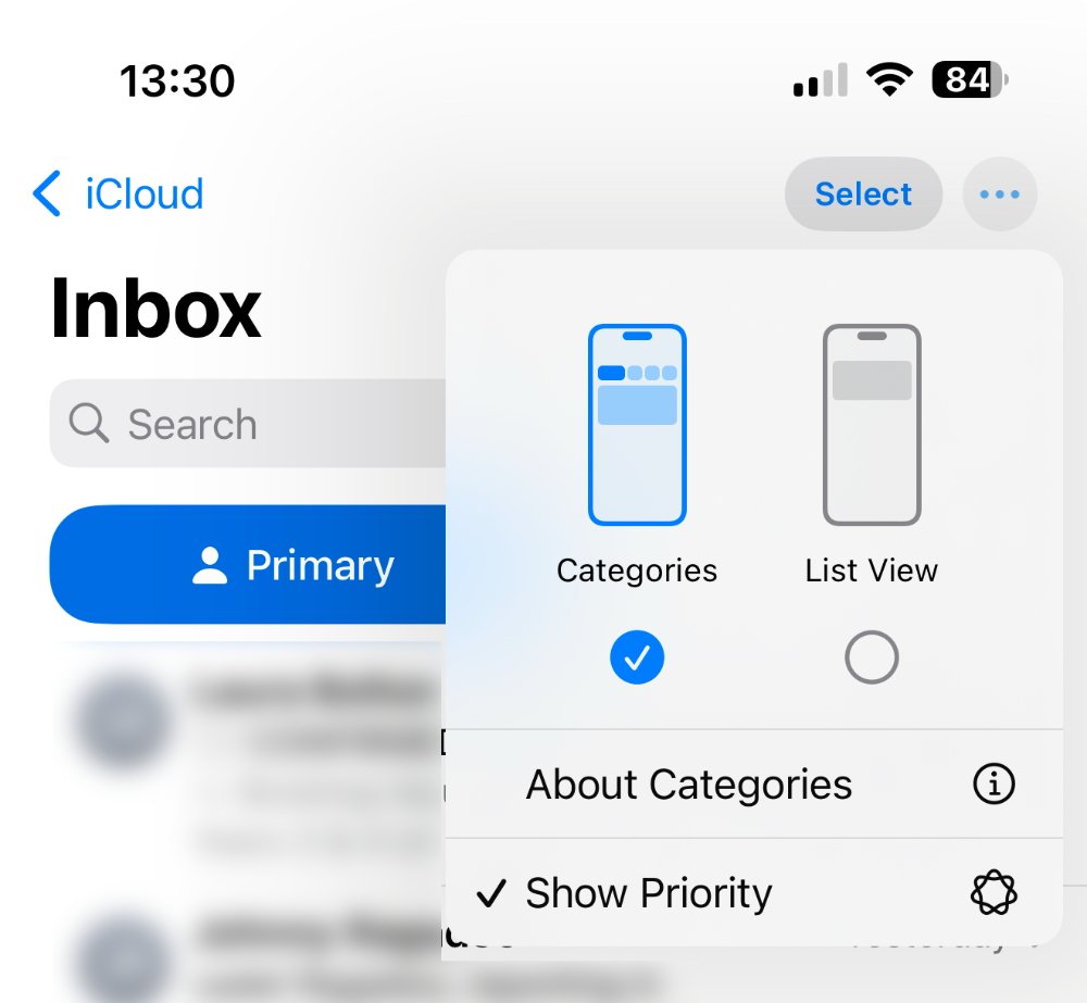 Email inbox screenshot showing 'Categories' and 'List View' options, with 'Categories' selected. Options include 'About Categories' and 'Show Priority'. Bluetooth, Wi-Fi, and battery icons displayed.