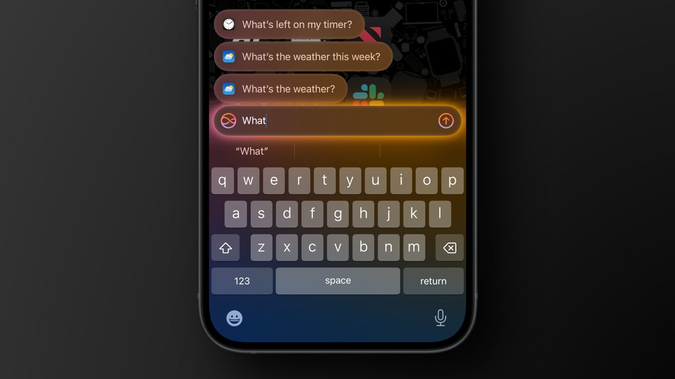 Smartphone screen showing a virtual keyboard with search suggestions, including weather queries and a partially typed word. Dark background emphasizes the brightly lit display.