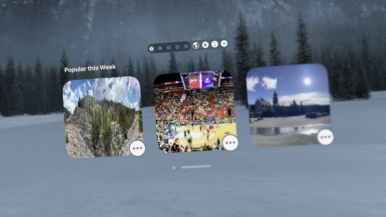 Virtual interface floating over a snowy forest, displaying three images: a rocky landscape, a basketball game, and a sunny parking lot scene.