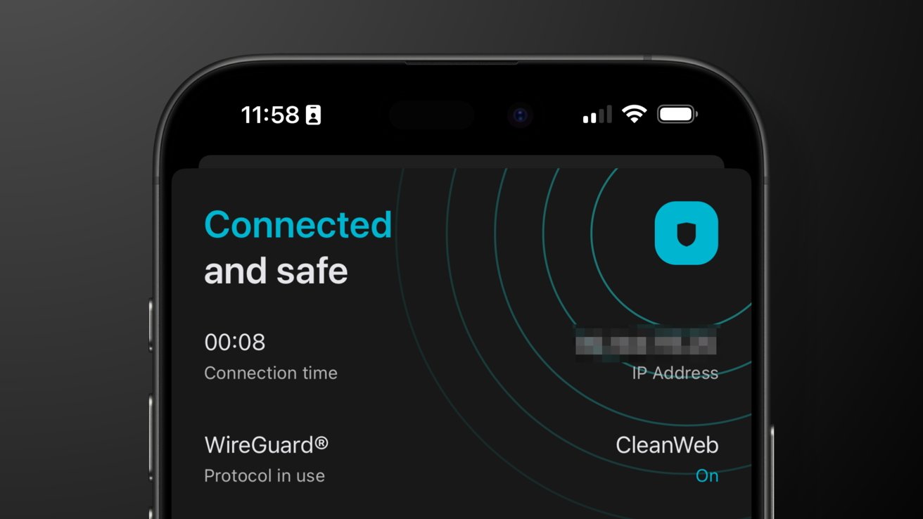 Smartphone screen showing VPN status: connected and safe, with connection time, WireGuard protocol, blurred IP address, and CleanWeb on.