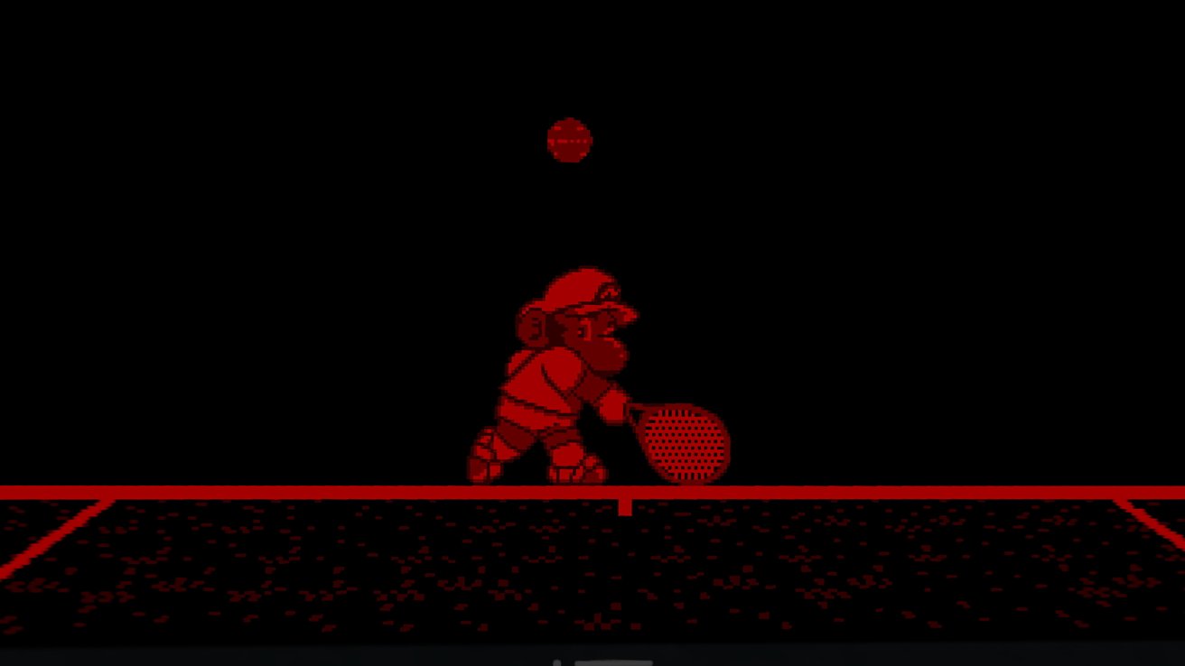 A red-tinted pixel character holding a tennis racket stands on a court with a ball above, on a black background.