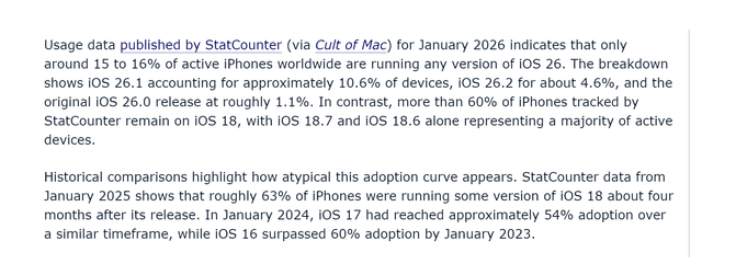 数据调查显示：苹果iOS 26普及率远逊于前代，64%用户钟情iOS 18.x