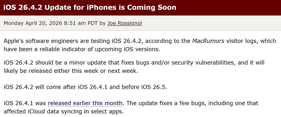 爱思助手：苹果新系统，iOS 26.4.2 即将发布