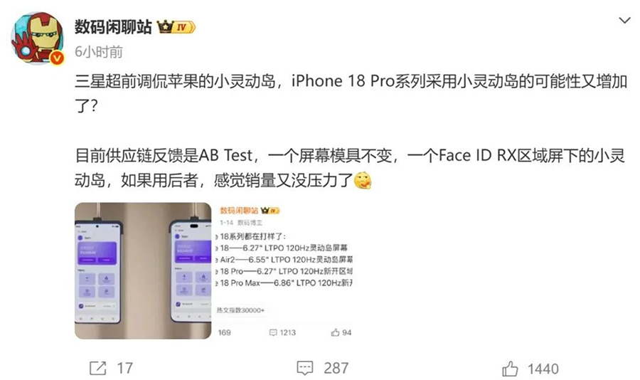 iPhone 18 Pro系列爆料：正面大改，灵动岛瘦身35%+LTPO+屏