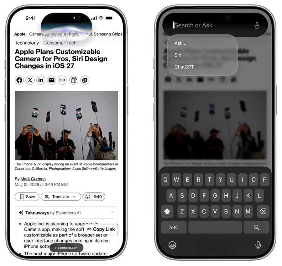 iOS 27 Siri界面前瞻：搬进灵动岛，通知中心挪到左上角，相机也升级了