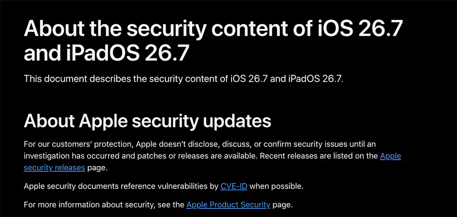苹果推送 iOS/iPadOS 26.7 正式版:安全修复为主,未加入新功能 苹果推送 iOS/iPadOS 26.7 正式版:安全修复为主,未加入新功能