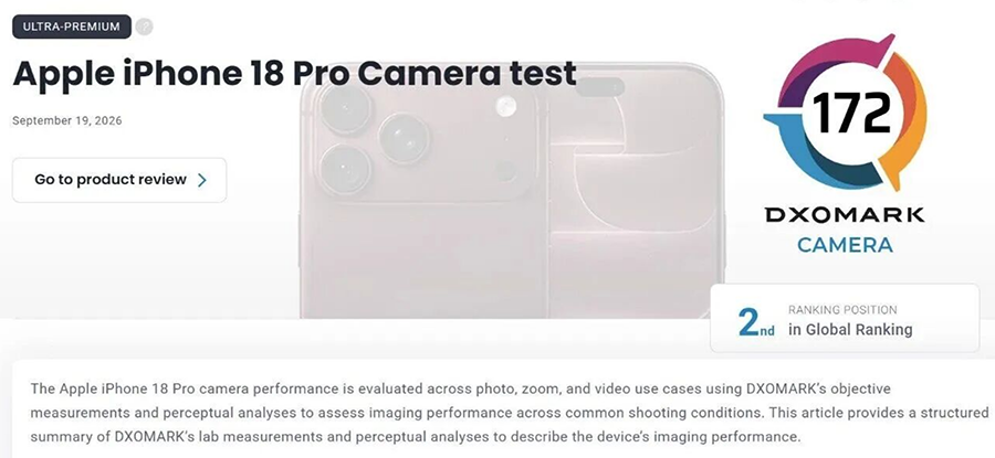 iPhone 18 Pro 影像评分全球第二，仅次榜首华为 Pura 80 Ultra 3分
